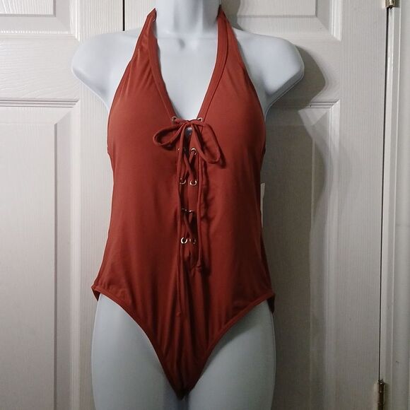 Envya light brown  halter one piece bathing suit tie front  Sz M NWT - Picture 1 of 8